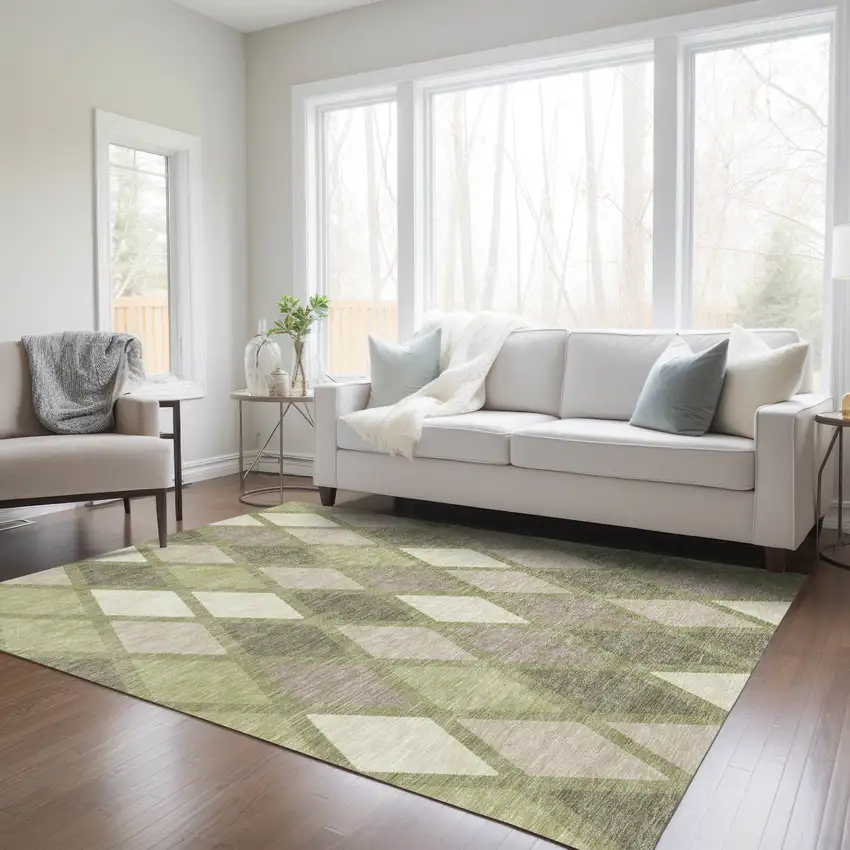 Artichoke Green Beige And Ivory Geometric Washable Indoor Outdoor Area Rug Photo 9