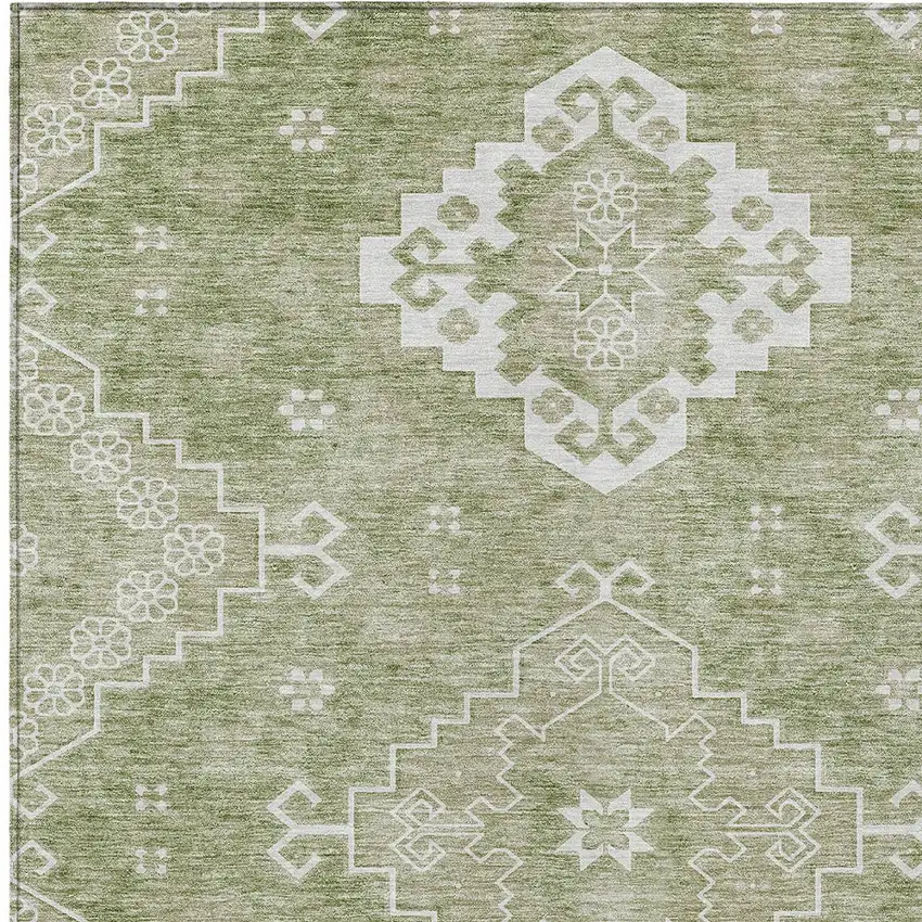 Artichoke Green Beige And Ivory Medallion Washable Indoor Outdoor Area Rug Photo 6