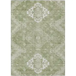 Photo of Artichoke Green Beige And Ivory Medallion Washable Indoor Outdoor Area Rug