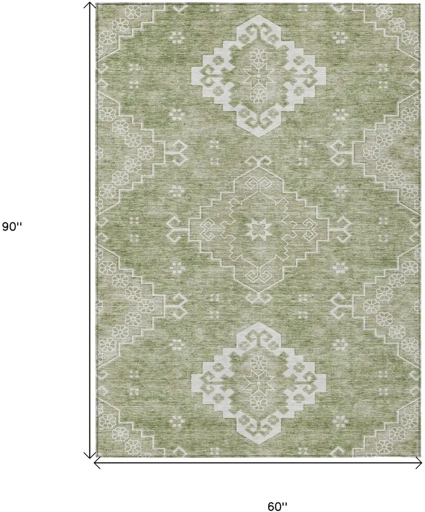 Artichoke Green Beige And Ivory Medallion Washable Indoor Outdoor Area Rug Photo 3