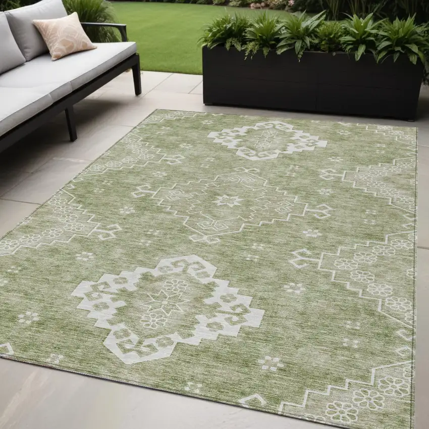 Artichoke Green Beige And Ivory Medallion Washable Indoor Outdoor Area Rug Photo 1