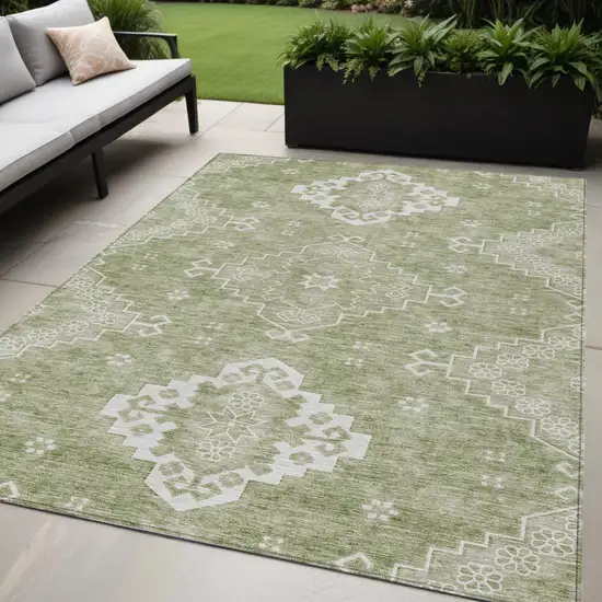 Artichoke Green Beige And Ivory Medallion Washable Indoor Outdoor Area Rug Photo 1