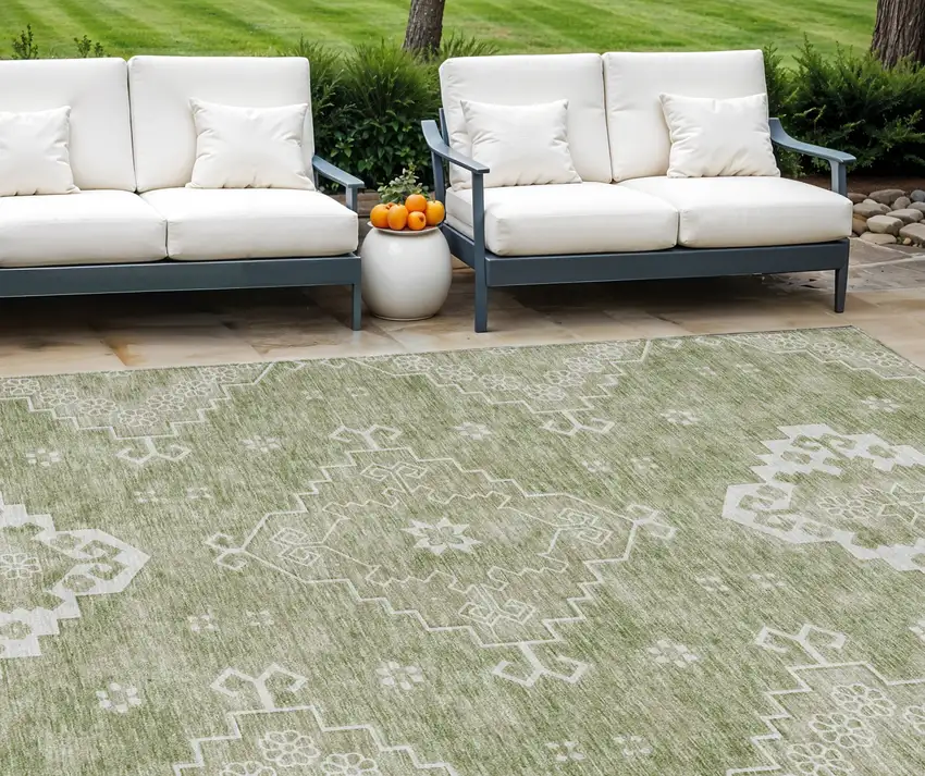 Artichoke Green Beige And Ivory Medallion Washable Indoor Outdoor Area Rug Photo 1