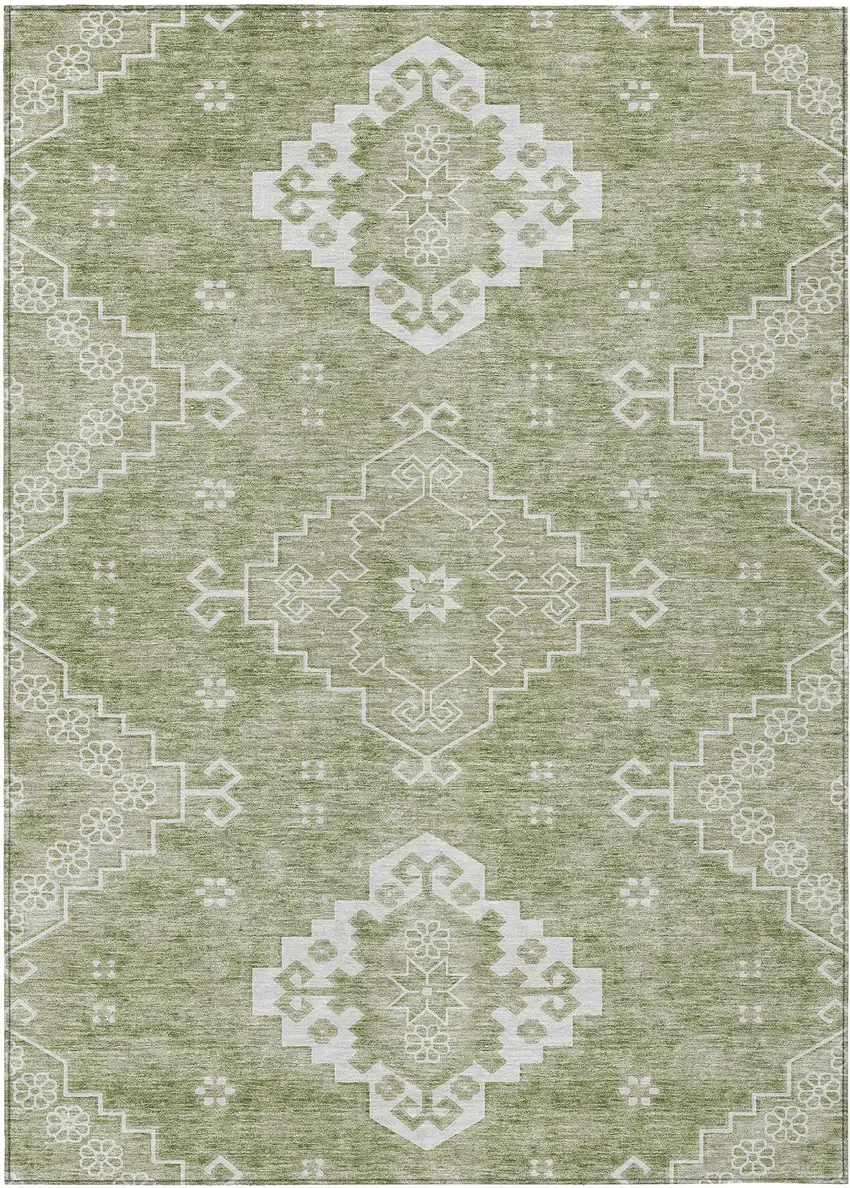 Artichoke Green Beige And Ivory Medallion Washable Indoor Outdoor Area Rug Photo 2