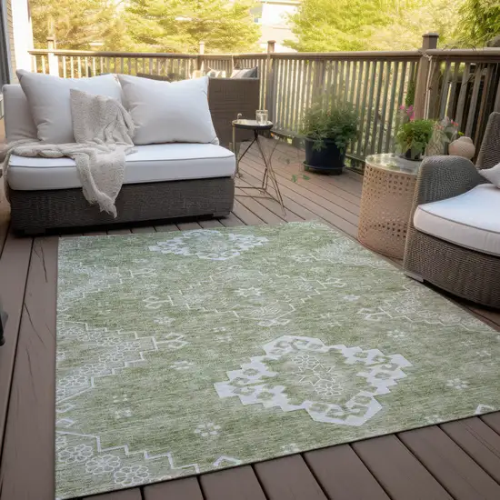 Artichoke Green Beige And Ivory Medallion Washable Indoor Outdoor Area Rug Photo 7