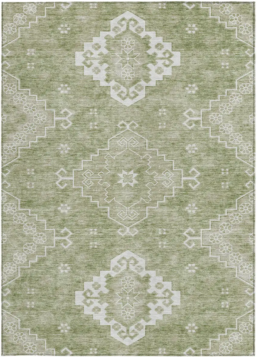 Artichoke Green Beige And Ivory Medallion Washable Indoor Outdoor Area Rug Photo 6