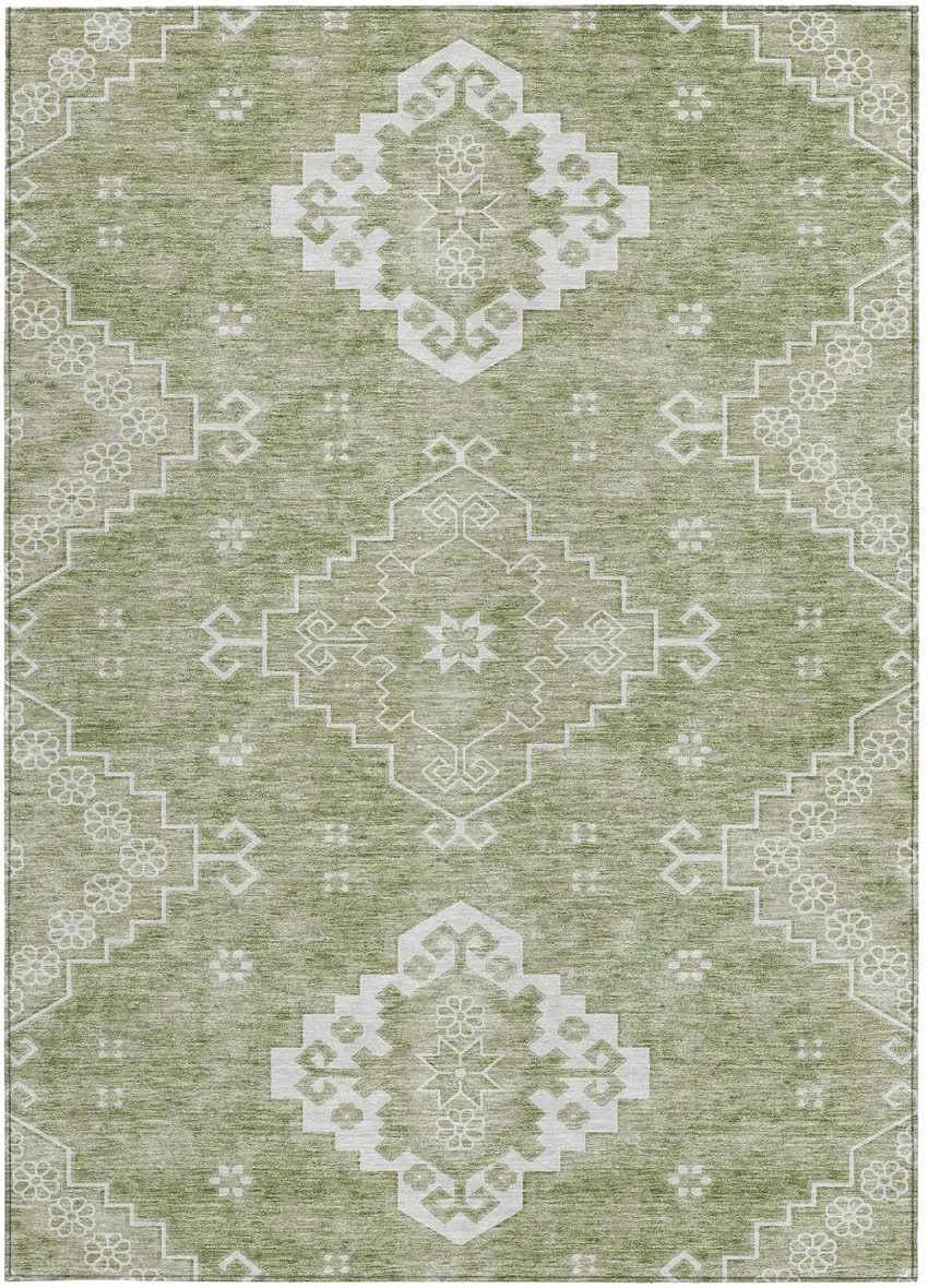 Artichoke Green Beige And Ivory Medallion Washable Indoor Outdoor Area Rug Photo 6