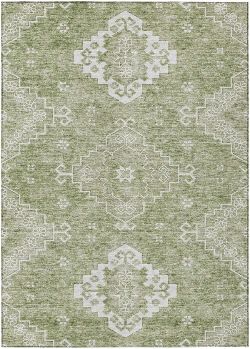 Artichoke Green Beige And Ivory Medallion Washable Indoor Outdoor Area Rug Photo 2