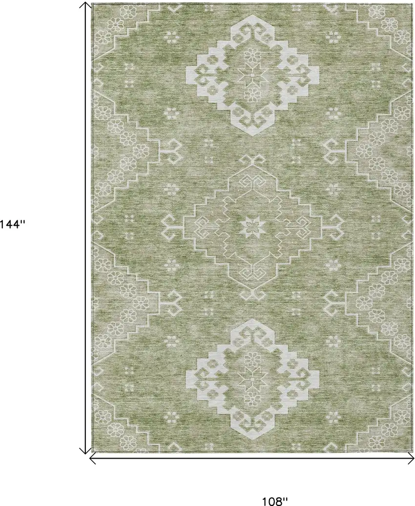 Artichoke Green Beige And Ivory Medallion Washable Indoor Outdoor Area Rug Photo 3