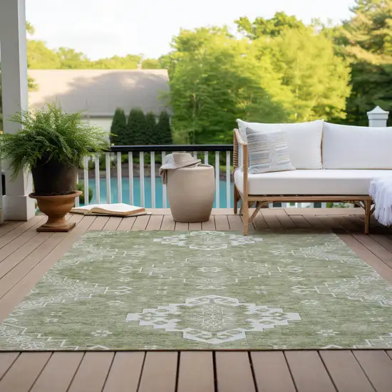 Artichoke Green Beige And Ivory Medallion Washable Indoor Outdoor Area Rug Photo 9