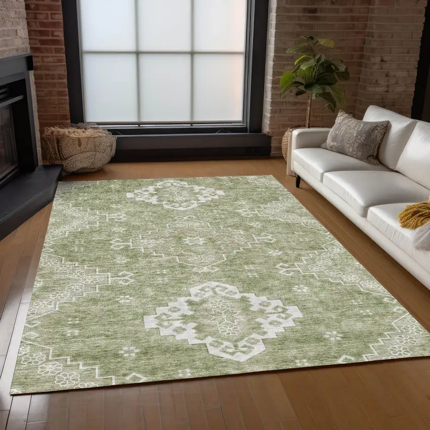 Artichoke Green Beige And Ivory Medallion Washable Indoor Outdoor Area Rug Photo 9