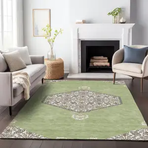 Photo of Artichoke Green Beige And Ivory Oriental Washable Indoor Outdoor Area Rug