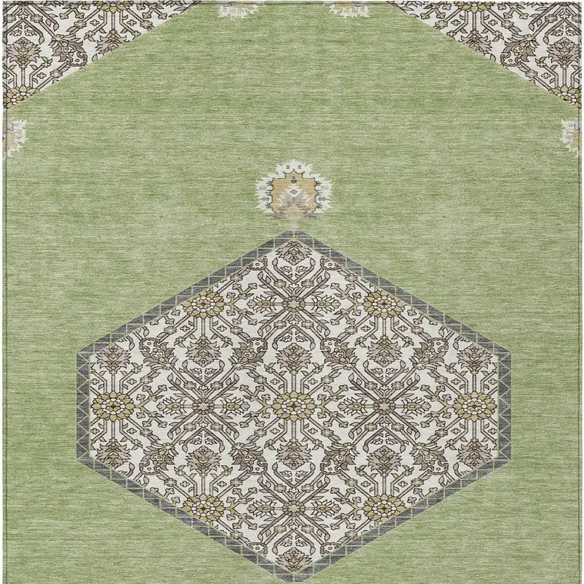 Artichoke Green Beige And Ivory Oriental Washable Indoor Outdoor Area Rug Photo 7