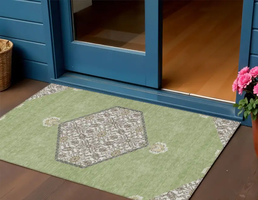 Artichoke Green Beige And Ivory Oriental Washable Indoor Outdoor Area Rug Photo 1
