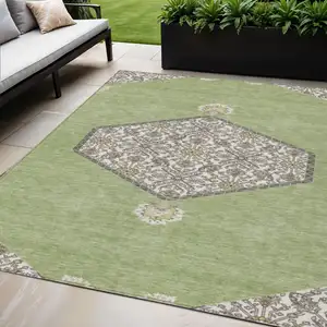 Photo of Artichoke Green Beige And Ivory Oriental Washable Indoor Outdoor Area Rug
