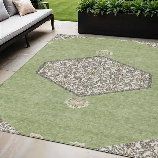 Artichoke Green Beige And Ivory Oriental Washable Indoor Outdoor Area Rug Photo 1