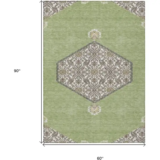 Artichoke Green Beige And Ivory Oriental Washable Indoor Outdoor Area Rug Photo 3