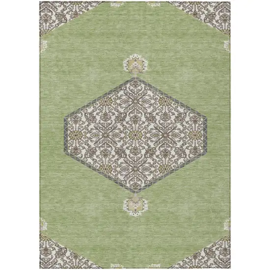 Artichoke Green Beige And Ivory Oriental Washable Indoor Outdoor Area Rug Photo 2
