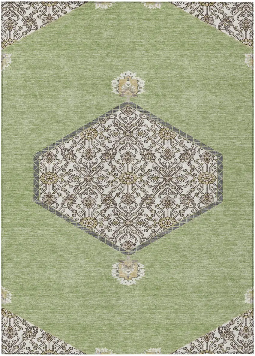 Artichoke Green Beige And Ivory Oriental Washable Indoor Outdoor Area Rug Photo 2
