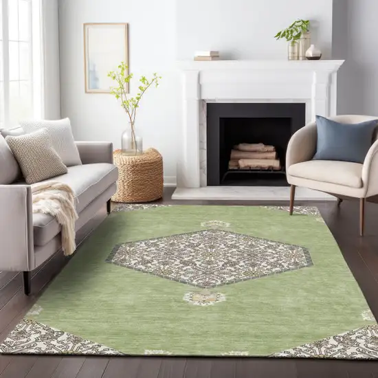 Artichoke Green Beige And Ivory Oriental Washable Indoor Outdoor Area Rug Photo 9
