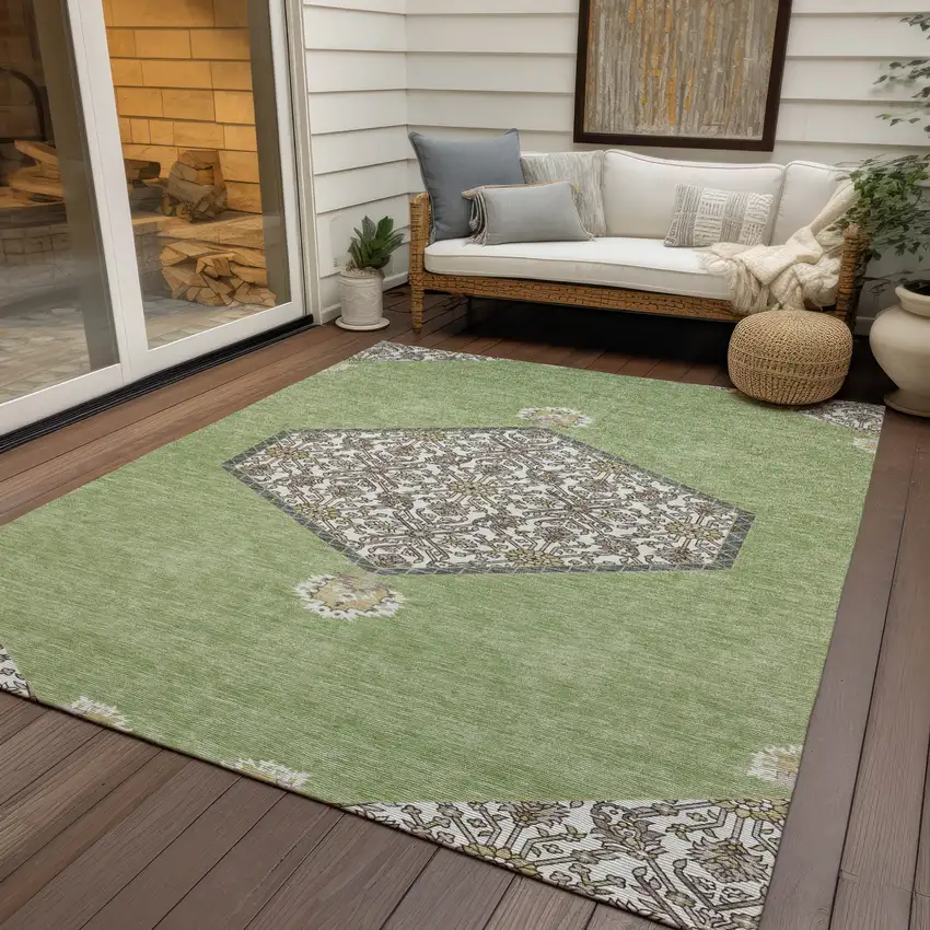 Artichoke Green Beige And Ivory Oriental Washable Indoor Outdoor Area Rug Photo 8