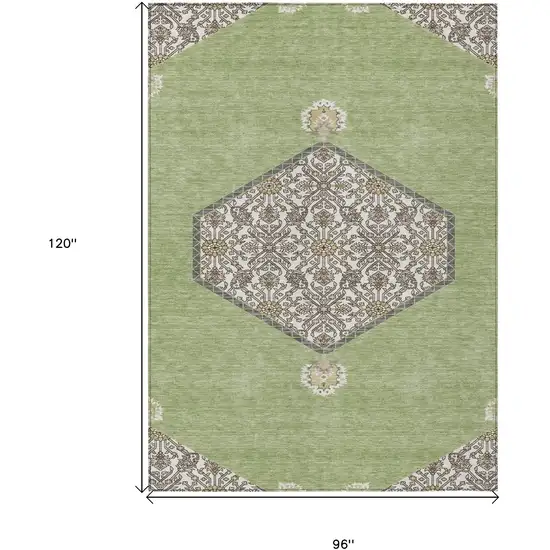 Artichoke Green Beige And Ivory Oriental Washable Indoor Outdoor Area Rug Photo 3