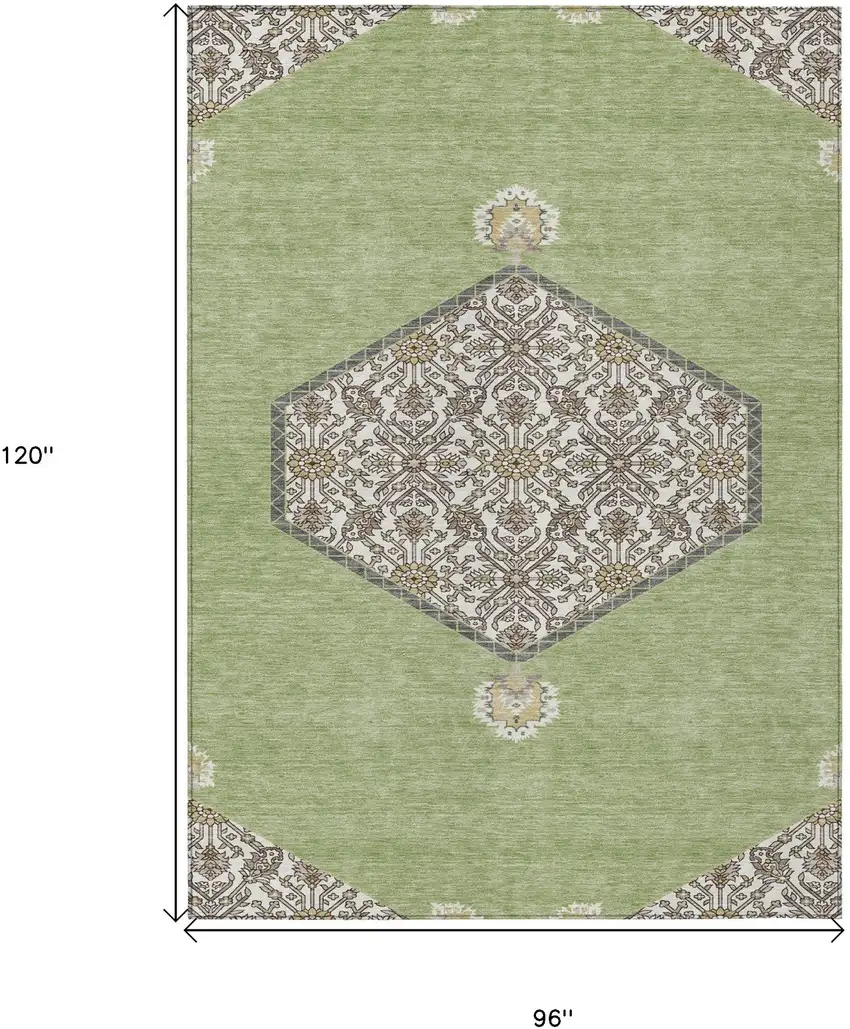 Artichoke Green Beige And Ivory Oriental Washable Indoor Outdoor Area Rug Photo 3