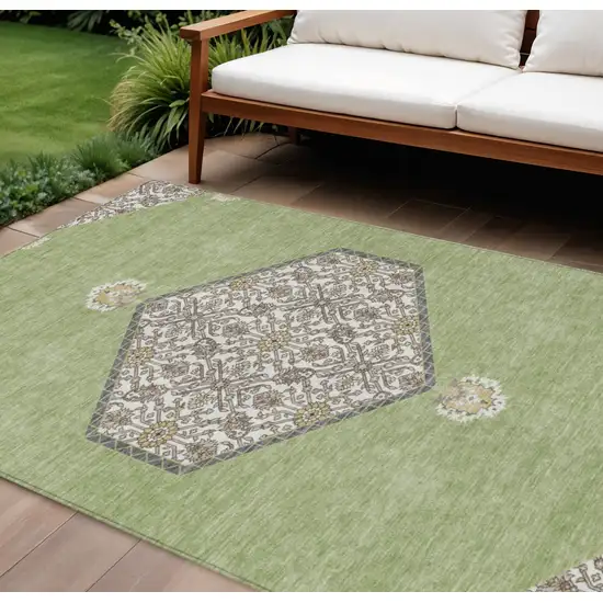 Artichoke Green Beige And Ivory Oriental Washable Indoor Outdoor Area Rug Photo 1