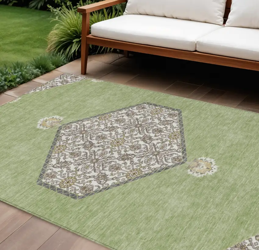 Artichoke Green Beige And Ivory Oriental Washable Indoor Outdoor Area Rug Photo 1