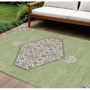 Photo of Artichoke Green Beige And Ivory Oriental Washable Indoor Outdoor Area Rug