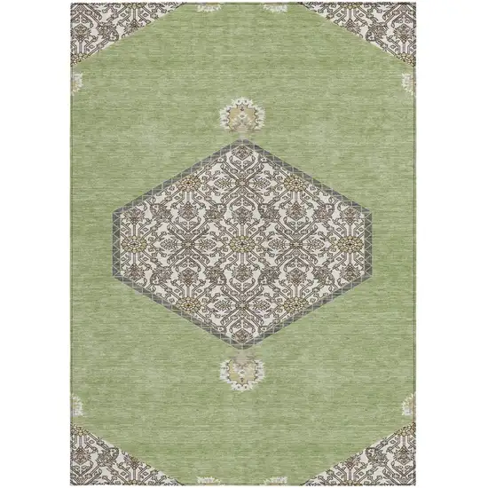 Artichoke Green Beige And Ivory Oriental Washable Indoor Outdoor Area Rug Photo 7