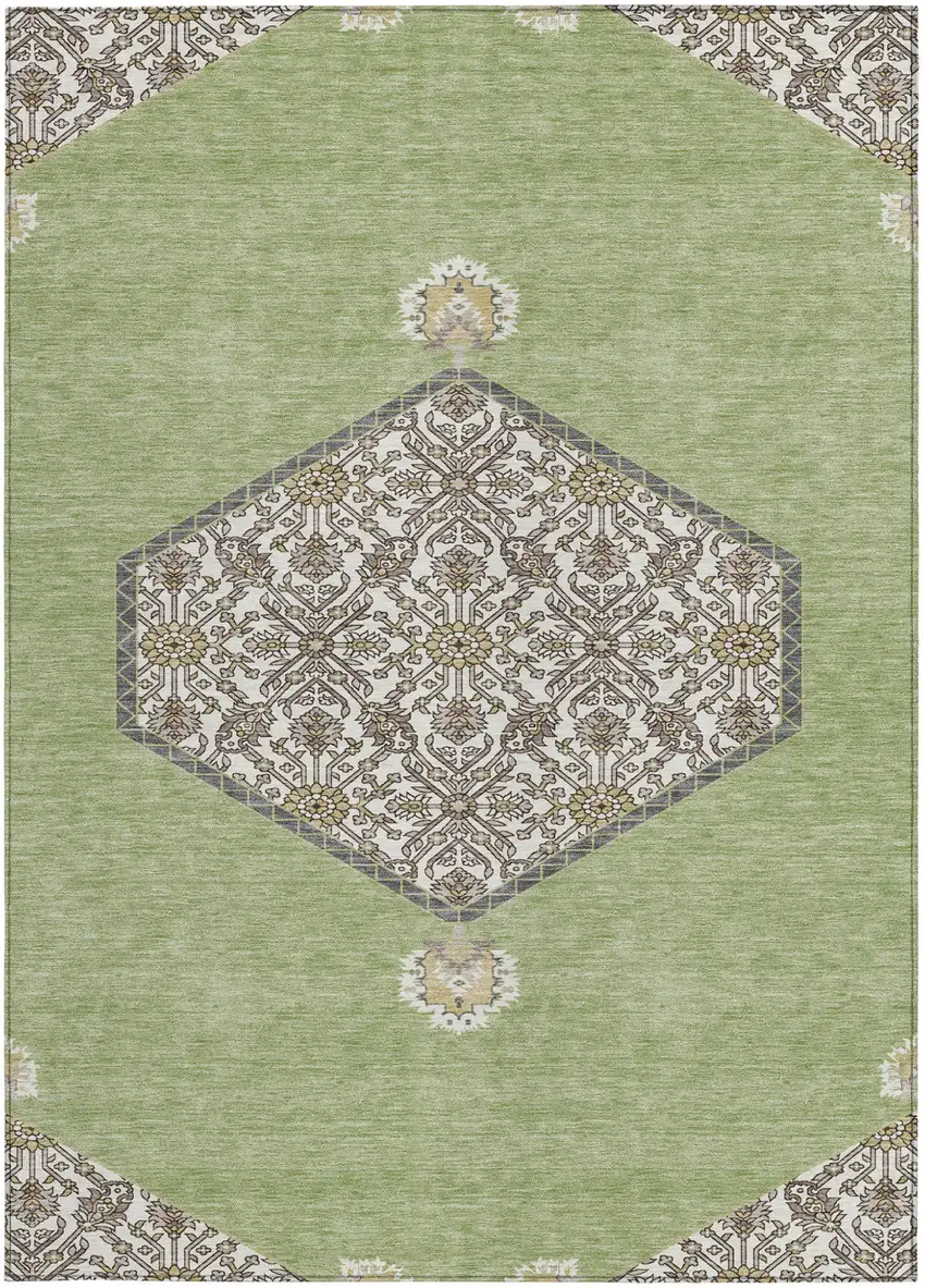 Artichoke Green Beige And Ivory Oriental Washable Indoor Outdoor Area Rug Photo 7