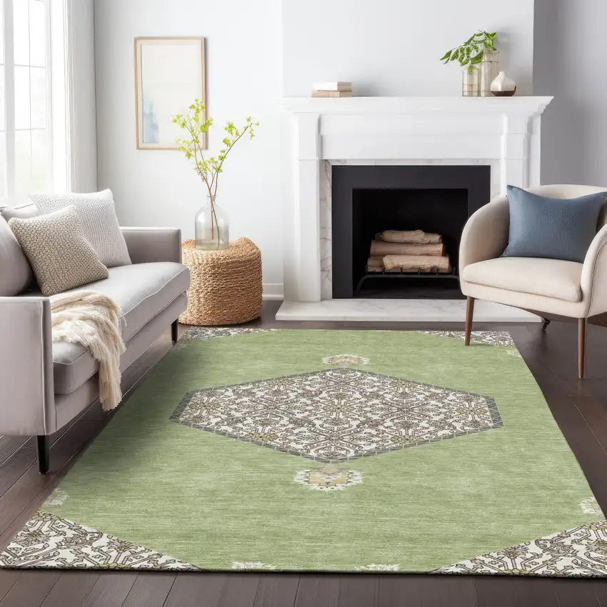 Artichoke Green Beige And Ivory Oriental Washable Indoor Outdoor Area Rug Photo 9