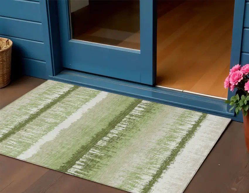 Artichoke Green Beige And Ivory Striped Washable Indoor Outdoor Area Rug Photo 1