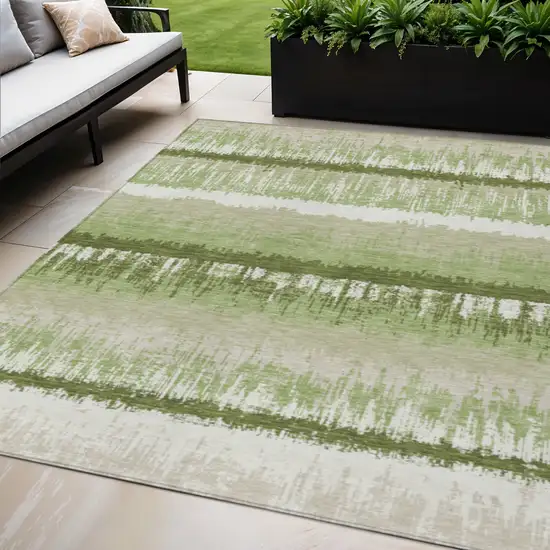 Artichoke Green Beige And Ivory Striped Washable Indoor Outdoor Area Rug Photo 1