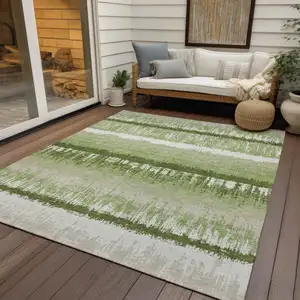 Photo of Artichoke Green Beige And Ivory Striped Washable Indoor Outdoor Area Rug