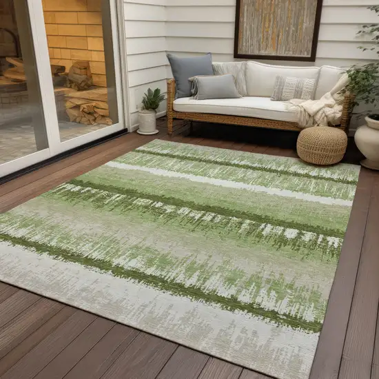 Artichoke Green Beige And Ivory Striped Washable Indoor Outdoor Area Rug Photo 7