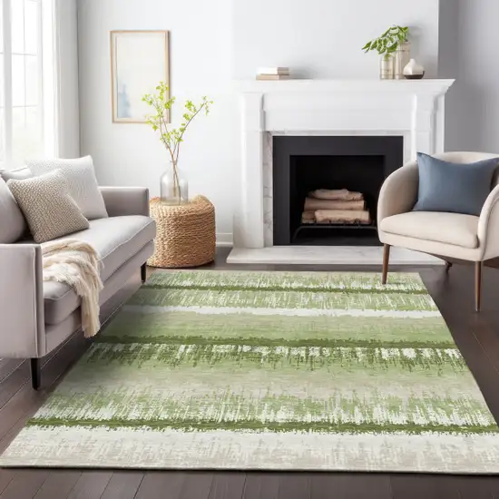 Artichoke Green Beige And Ivory Striped Washable Indoor Outdoor Area Rug Photo 8