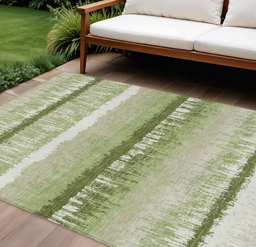 Artichoke Green Beige And Ivory Striped Washable Indoor Outdoor Area Rug Photo 1