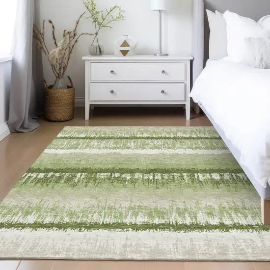 Artichoke Green Beige And Ivory Striped Washable Indoor Outdoor Area Rug Photo 9