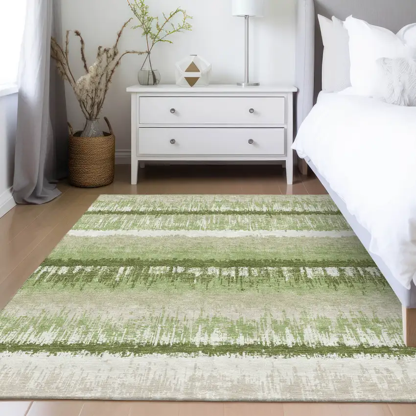 Artichoke Green Beige And Ivory Striped Washable Indoor Outdoor Area Rug Photo 9
