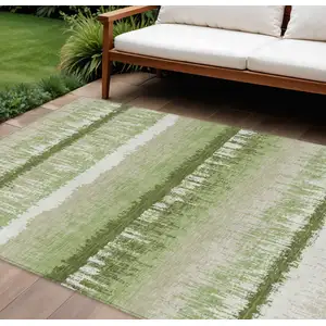 Photo of Artichoke Green Beige And Ivory Striped Washable Indoor Outdoor Area Rug