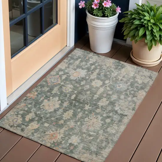 Artichoke Green Beige And Rust Floral Washable Indoor Outdoor Area Rug Photo 1