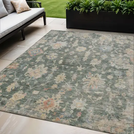 Artichoke Green Beige And Rust Floral Washable Indoor Outdoor Area Rug Photo 1