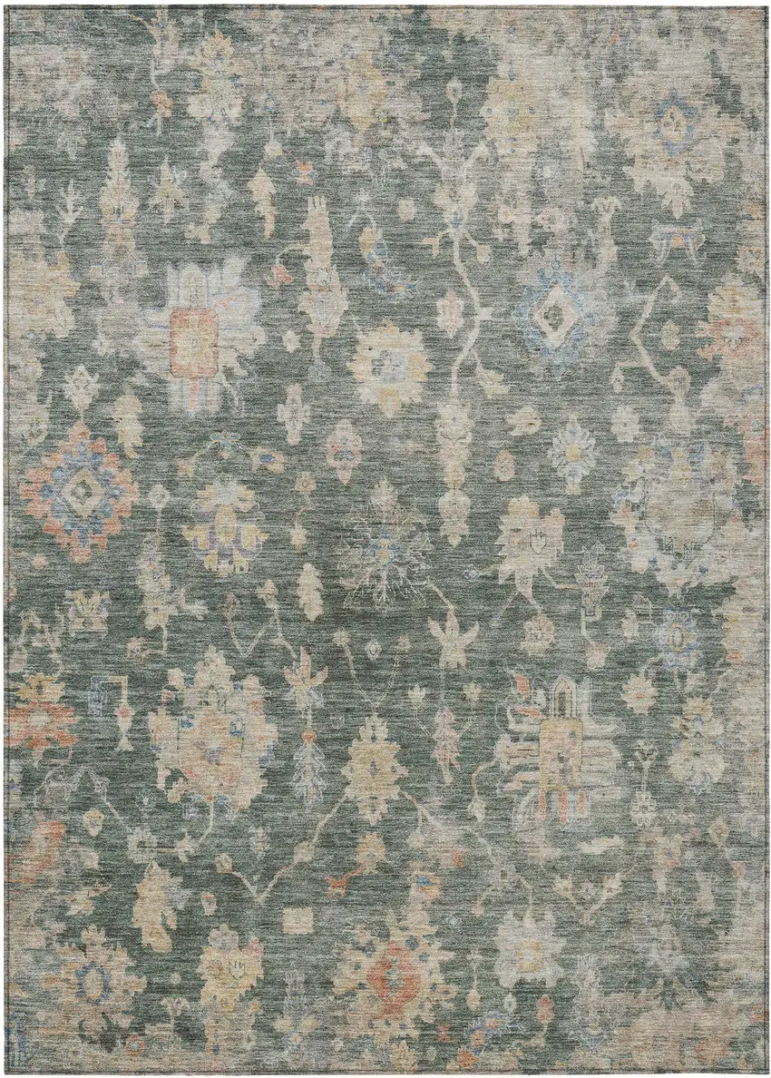 Artichoke Green Beige And Rust Floral Washable Indoor Outdoor Area Rug Photo 7