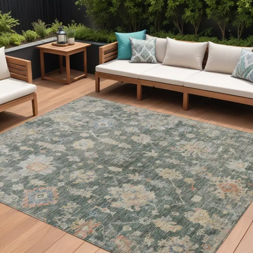 Artichoke Green Beige And Rust Floral Washable Indoor Outdoor Area Rug Photo 1