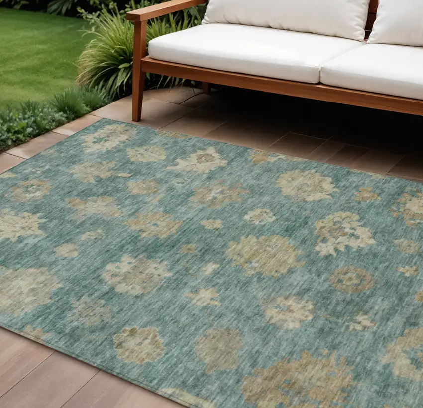 Artichoke Green Beige And Tan Floral Washable Indoor Outdoor Area Rug Photo 1
