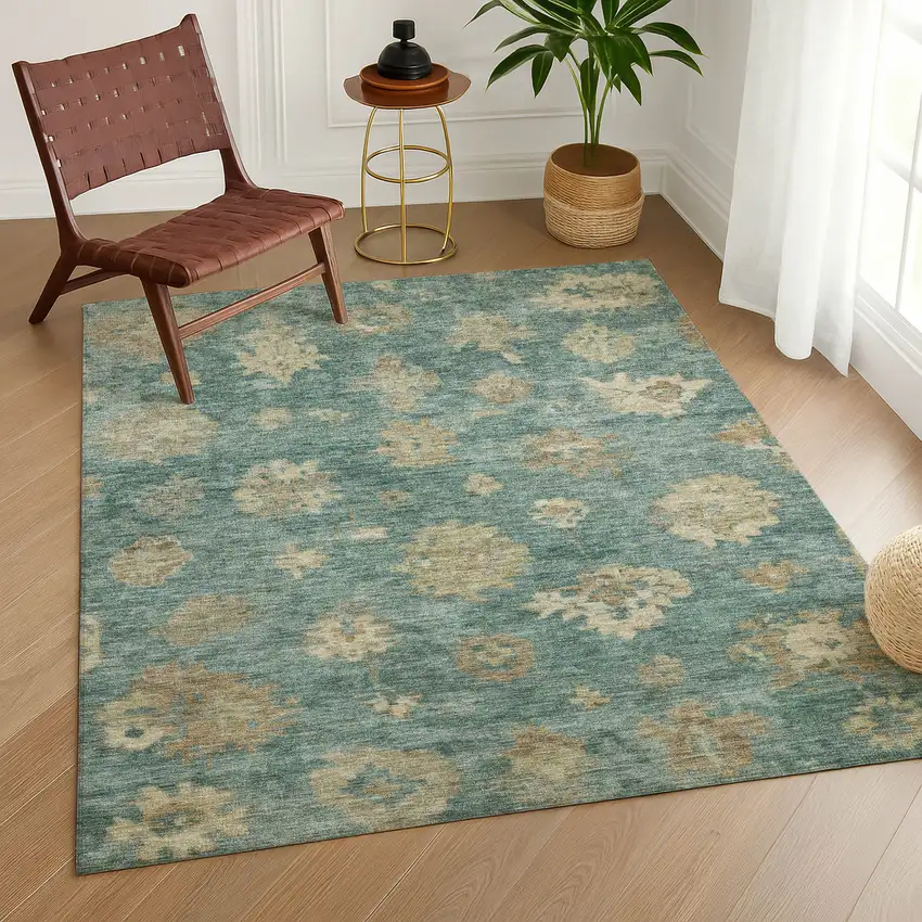 Artichoke Green Beige And Tan Floral Washable Indoor Outdoor Area Rug Photo 9