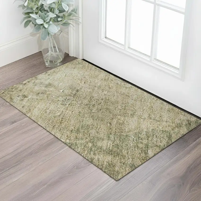 Artichoke Green Beige And Tan Medallion Washable Area Rug With UV Protection Photo 2