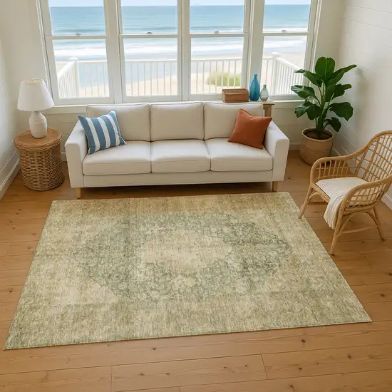 Artichoke Green Beige And Tan Medallion Washable Area Rug With UV Protection Photo 3
